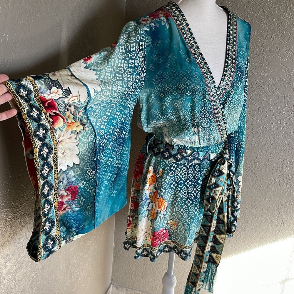 Camilla Teal Floral Print Short Romper with Kimono Sleeves - Picture 3 of 12